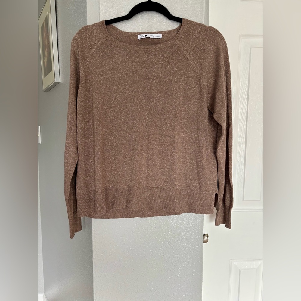 Zara Women’s Elegant Brown Crew Neck Sweater Size L Party Holidays Office
